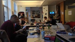 Teams working away into the morning. Pictured in this photo is Karn Bianco, Theo Chin, Keith Stuart and Lewis Proctor, among others.