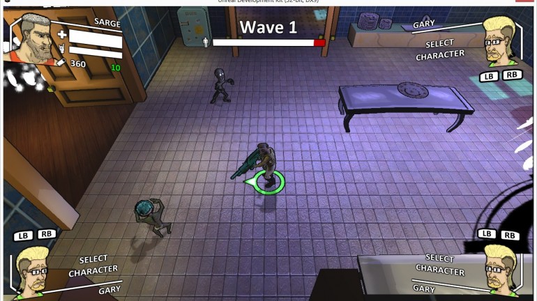 An in-game screenshot of one of four playable characters in the game, Sarge. The character is in the "Kitchen" area of Dr Necro's mansion. 
