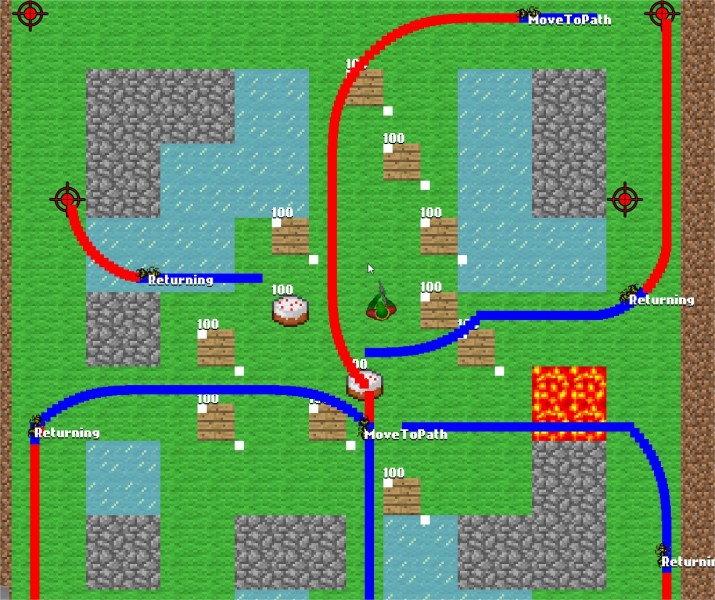 Ant Frenzy - Pathfinding Debug Visualization - Debug visualization for path finding with bezier curves. This was an early version of the pathfinding feature, and was later refined so that the curvature of path nodes was smoother.