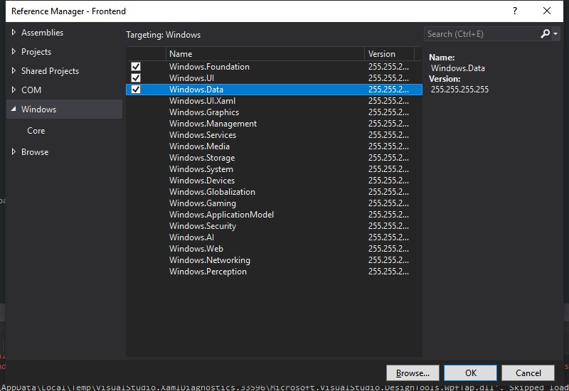 Reference Manager Frontend A picture of the reference manager window for the Visual Studio project.