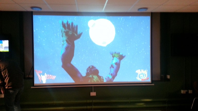 A picture of Dr. Necro's monstrous creation being displayed on the projector at GameCity Nights.