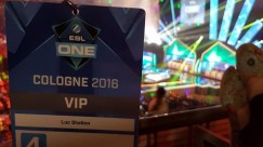 VIP Pass - ESL One Cologne 2016 - A picture of my VIP entry pass held in front of the stadium while being seated in the far corner of the arena.