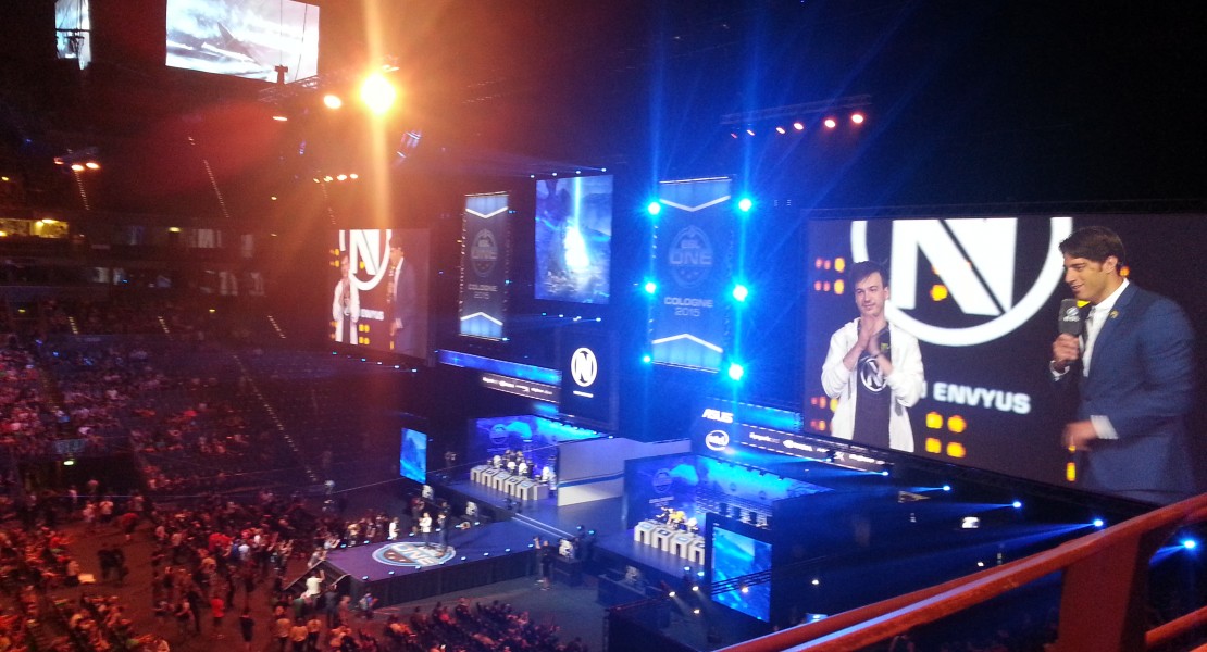 The professional CS:GO player and in-game leader, Vincent "Happy" Schopenhauer from EnVyUs on stage with the host Oliver James "OJ Borg" Borg D'Anastasi